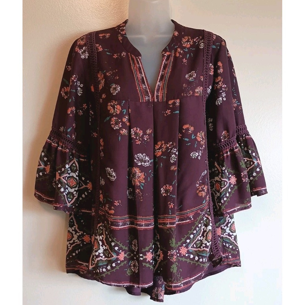 Knox Rose Boho Floral Babydoll Blouse Bell Sleeve Burgundy M Feminine Chic